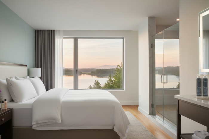 Westin Bed & Bath Set Queen — two fluffy white Heavenly Bed queen pillows on crisp white hotel-quality bedding with White Tea Shampoo and Conditioner on a marble shower shelf, serene lakeside luxury home master bedroom