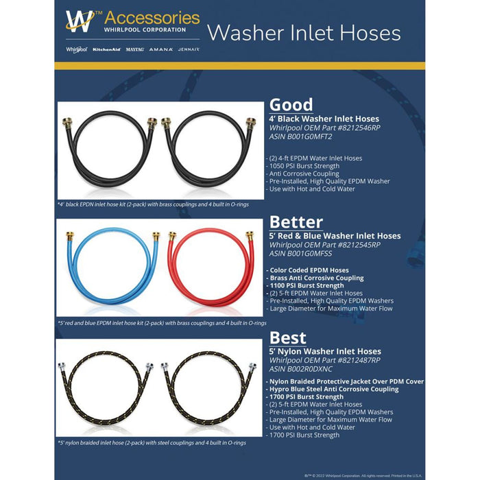 Whirlpool 4' Black Washer Inlet Hoses 1050 PSI - 2 Pack -Black (8212546RP)