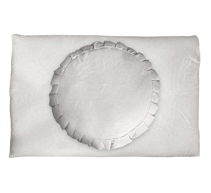 Turmerry zafu pillow on top of zabuton pillow on white background.