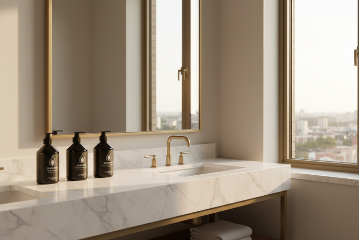 Zenology complete 4-piece set on Hotel Indigo boutique bathroom vanity — shampoo, conditioner, body wash and body balm with mirror reflection and urban window view