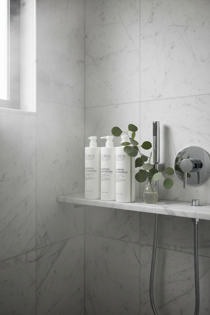 Zero% Naturally Kind Shampoo in luxury hotel shower scene