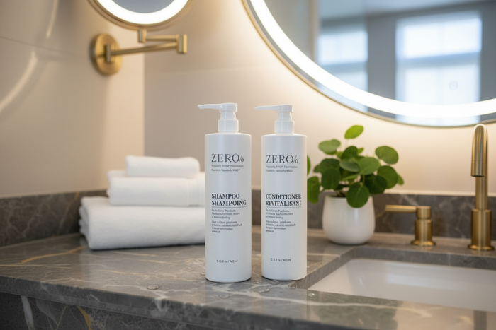 Zero % Naturally Kind Shampoo and Conditioner matching duo on a marble bathroom shelf in a luxury home bathroom, clean sulfate-free hotel-quality hair care for all hair types including color-treated