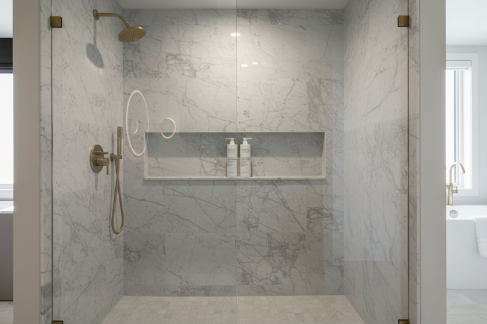 Zero % Naturally Kind Shampoo and Conditioner matching bottles on a marble shelf inside a luxury home glass walk-in shower, clean sulfate-free paraben-free hotel-quality hair care duo for daily use