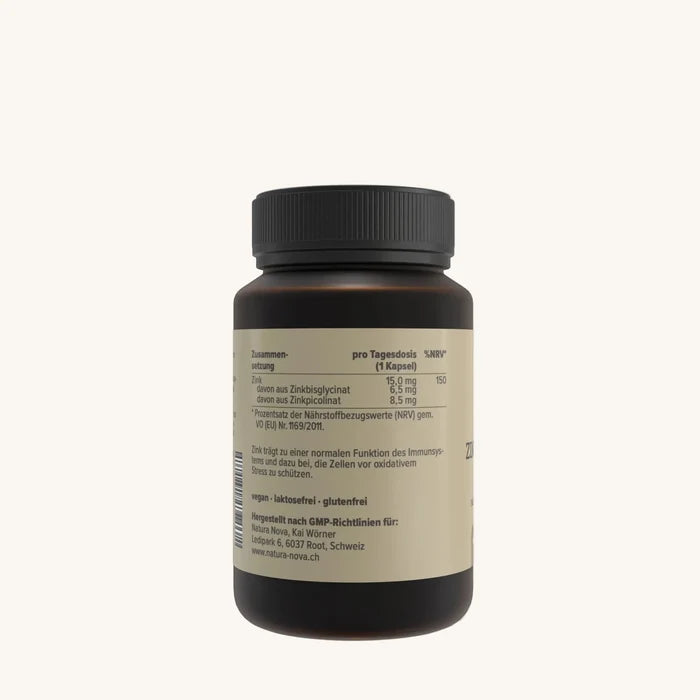 Natura Nova Zink Komplex 15 mg Nahrungsergaenzung Dose Seitenansicht mit Nährwerttabelle