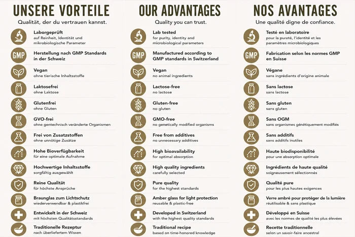 Merkmale Natura Nova Blase essentia: laborgeprüft, GMP-zertifiziert in der Schweiz, vegan, laktosefrei, glutenfrei, GVO-frei, frei von Zusatzstoffen, hohe Bioverfügbarkeit, Braunglas, entwickelt in der Schweiz, traditionelle Rezeptur – in Deutsch, Englisch und Französisch.